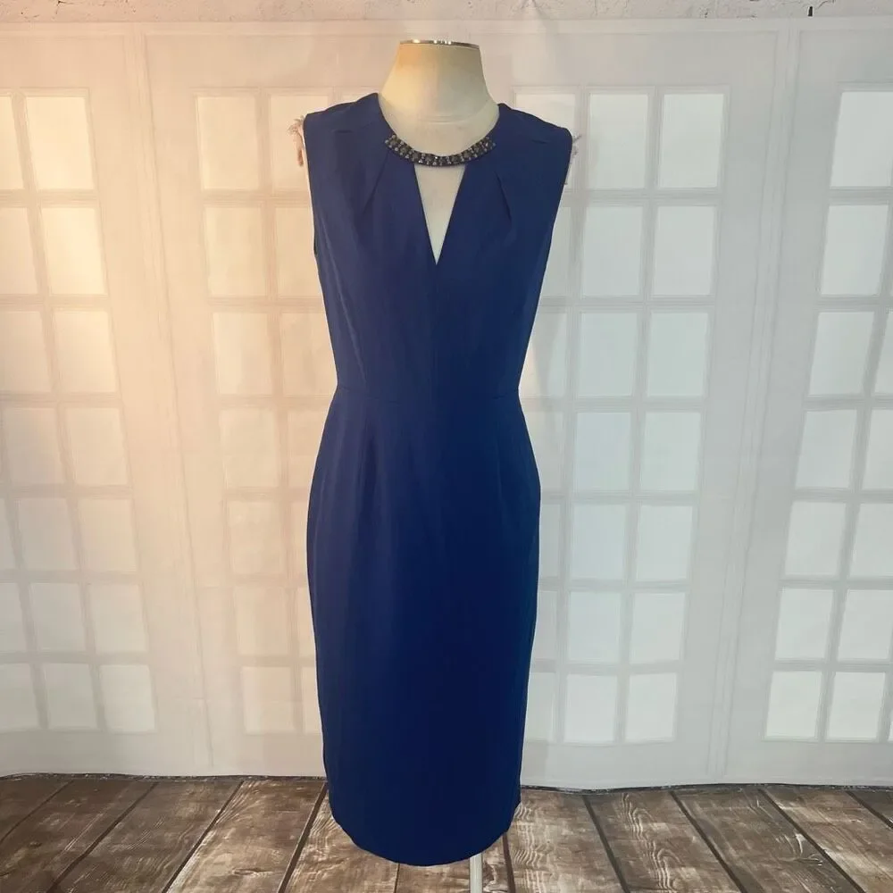 Bcbgmaxazria Samantha beaded neckline sheath dress in blue depth size 8